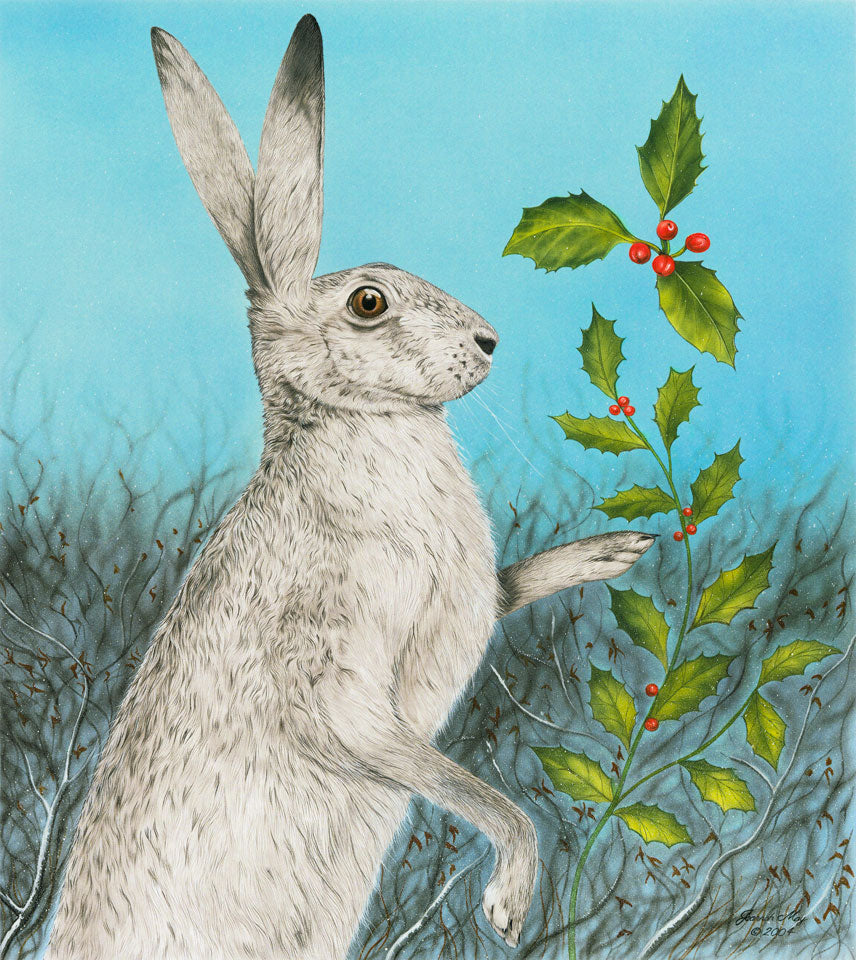 Holly Hare a hare playing with holly leaves
