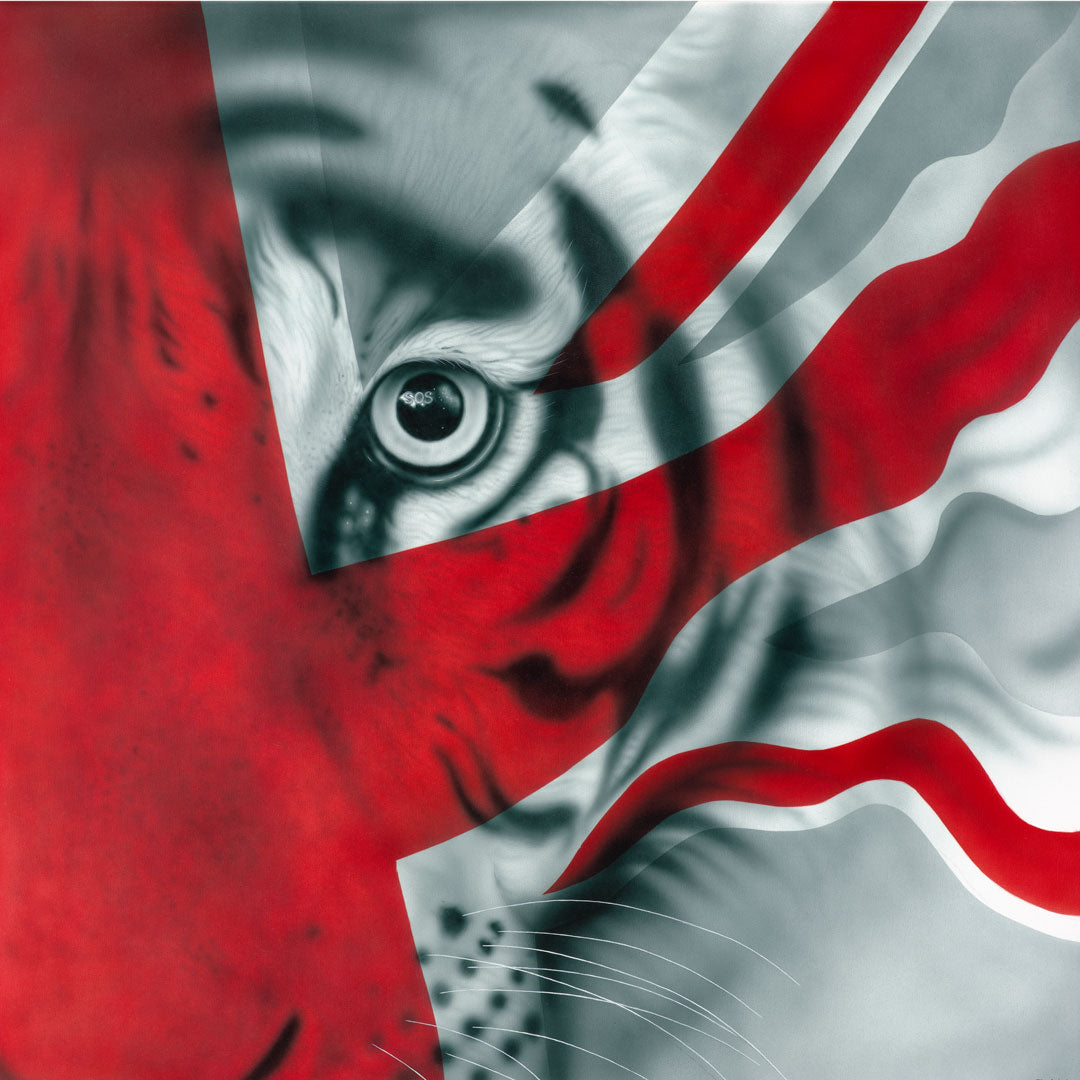 Tiger in black and white with a union jack overlay
